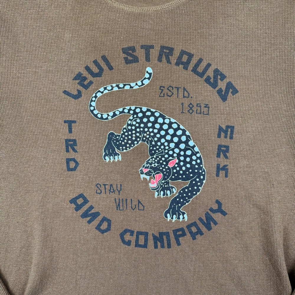 Levi's Long Sleeve Thermal Shirt Mens XL Brown Panther Graphic Waffle Knit - Picture 3 of 7